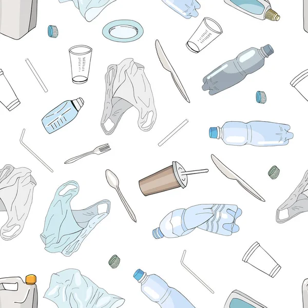 Περίγραμμα Αδιάλειπτη Μοτίβο Ταξινομημένο Πλαστικό Σκουπίδια Απομονώνονται Λευκό Φόντο Ξεχωριστή — Διανυσματικό Αρχείο