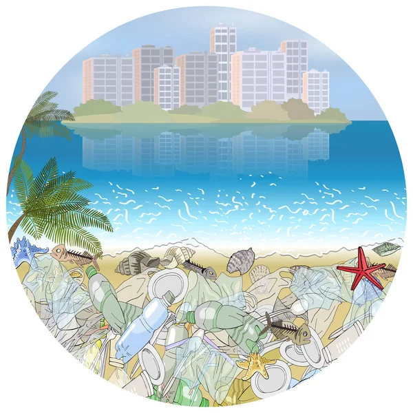 Okyanus Kıyısındaki Çöplerle Kusursuz Bir Sınır Ekolojik Felaket Kavramı — Stok Vektör