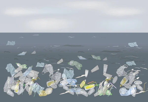 Környezetvédelmi Katasztrófa Műanyagszalma Szennyezés Hulladék Óceánban Szemét Tengerben Éggel Szemben — Stock Vector