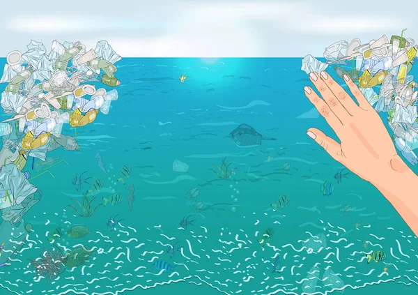 Okyanustaki Plastik Enkazının Çevresel Felaketi Ekoloji Dünya Temizlik Günü Kavramı — Stok Vektör
