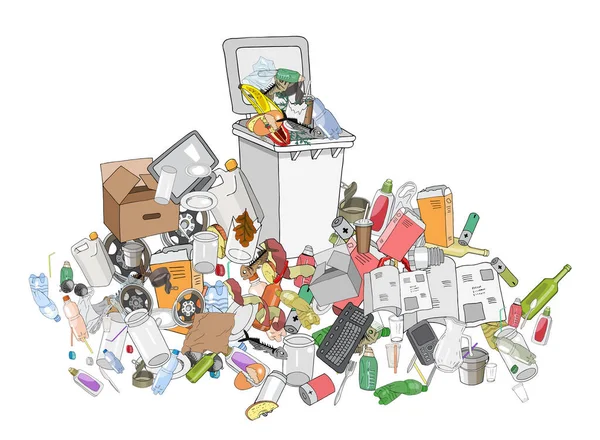 Vektorová Ilustrace Popelnice Ručně Kreslit Sbírku Různých Odpadků Koncepce Recyklačního — Stockový vektor