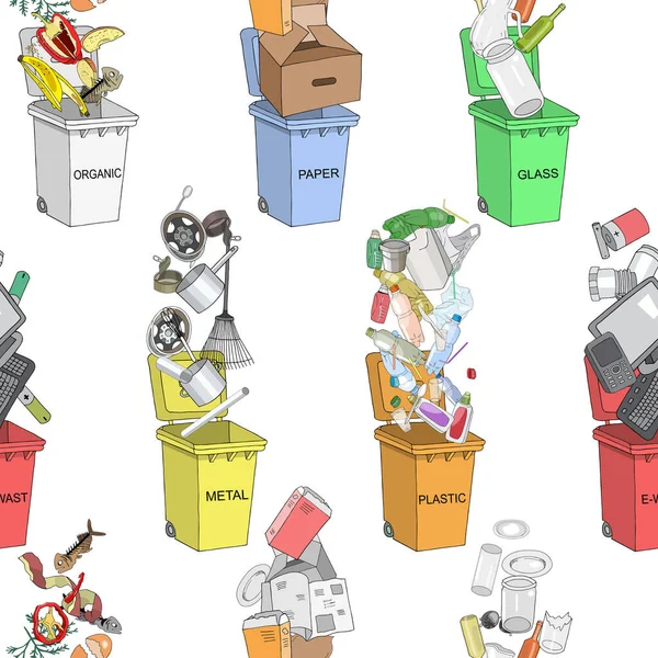 Seamless pattern. Trash cans with sorted garbage set. Different types of garbage - Organic, Plastic, Metal, Paper, Glass, E-waste.