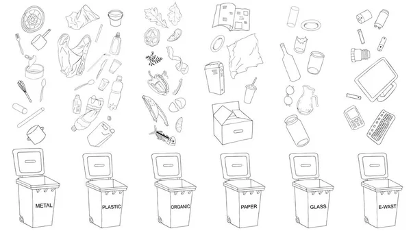 装垃圾的垃圾桶 不同类型的垃圾 电子废物 垃圾箱的病媒收集 — 图库矢量图片