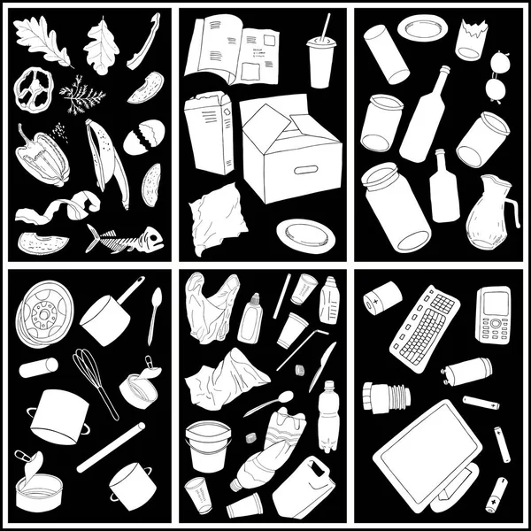 Large Set Sorted Garbage White Background Hand Drawn Vector Illustration — Stock Vector