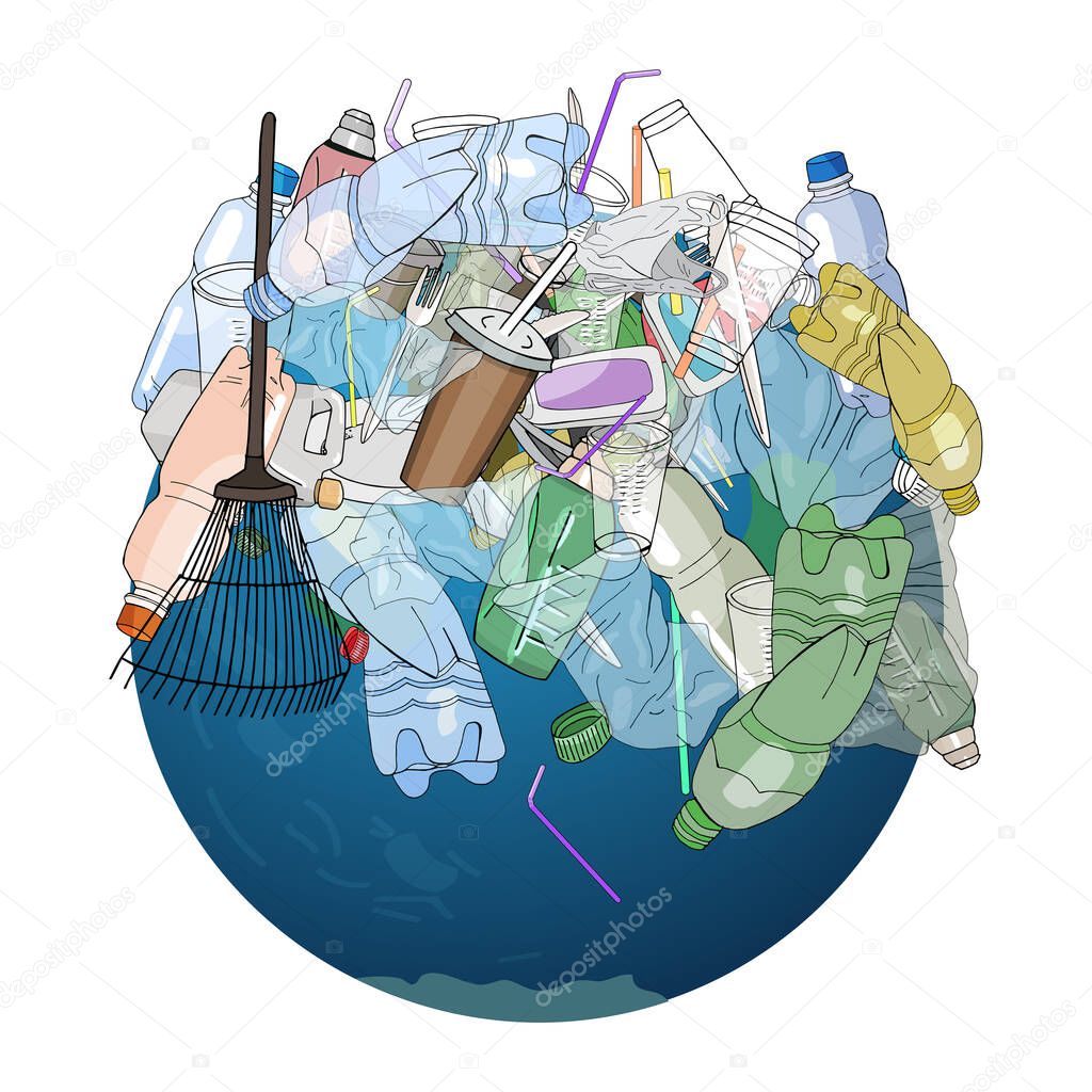 The pollution, garbage, plastic, bags on the planet. The concept of ecology and the World Cleanup Day.