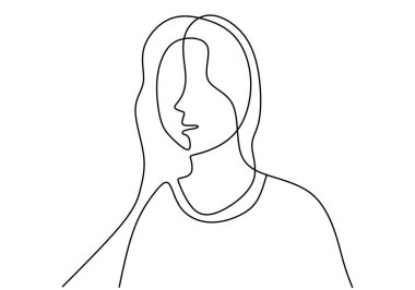 Uzun saçlı, ayakta duran kadınsı kadın çizimleri. Genç güzel bir kız hırka giyerek samimi poz veriyor. Moda minimalizminde izole edilmiş kadın sanat tasarımı. Vektör illüstrasyonu