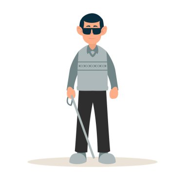 İnsanları kör eder. Elinde baston ve siyah gözlüklerle kör bir adam duruyordu. Dünya Engelliler Günü. Sağlık hizmeti vektör illüstrasyonu. Düz çizgi film karakterleri. Engelli olarak dolu bir hayatın tadını çıkarıyorum.