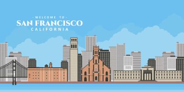 San Fransisco şehir manzarası. Gökyüzü panoramik manzaralı. Federal Rezerv Bankası, Coit Kulesi, St. Patrick Kilisesi, Golden Gate Ulusal Parkı Koruması. Turist gezisi için en iyi yer.