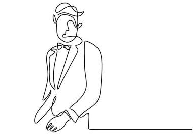 Erkek ceketi ve papyonlu bir çizgi. Beyaz arka planda izole edilmiş zarif bir parti elbisesi olan genç bir erkek. Düğün partisi konseptinde sağdıç. Vektör illüstrasyonu