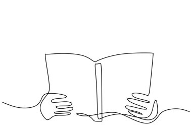 Bir satırda sürekli bir kitap tutan el çizimi. İnsanların el ele tutuşup boş sayfalar oluşturarak beyaz arkaplanda izole edilmiş bir resim taslağı oluşturuyorlar. Minimalizm tarzı