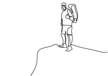 One line drawing of man on the top of the mountains. A happy energetic male on top of a mountain enjoying the natural beauty and fresh air. The view above the clouds isolated on white background vector