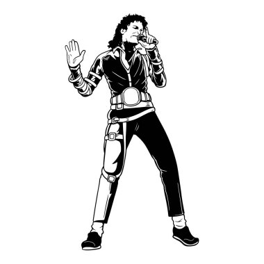 Michael Joseph Jackson konserinde şarkı söylüyor. Pop 'un Kralı, Amerikalı şarkıcı, söz yazarı ve dansçı, siyah beyaz renkli editör illüstrasyonlu. 25 Eylül 2020