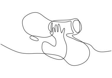 Emziği olan bir bebeğin tek çizgi çizimi. Sevimli küçük çocuk beyaz arka planda izole bir yatakta yatarken beslenmek için şişeyle süt içiyor. Bebek besleme konsepti. Minimalist stil