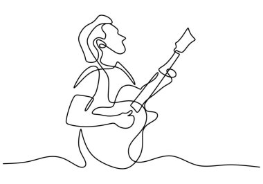 Genç mutlu adamın kamp ateşinde gitar çaldığı tek sıra çizimi. Kamp yapan bir adam beyaz arka planda izole edilmiş bir kamp ateşinde gitar çalıyordu. Tatil konsepti için kamp yapmak