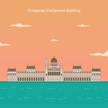 Düz tasarım Budapeşte Parlamentosu. Macaristan 'ın başkentindeki ünlü tarihi binanın vektör çizimi. Macaristan küresel seyahat ve seyahat mimari unsurları. Dünya çapında.