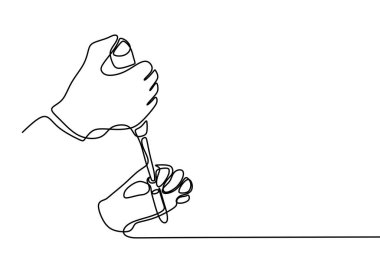 Aralıksız tek bir çizim çizimi. Sanat araştırmacıları, bilim adamları, bilim. Bilim adamının eli şırıngayı tutarak solüsyonu beyaz arka planda izole edilmiş bir test tüpüne dönüştürüyor.