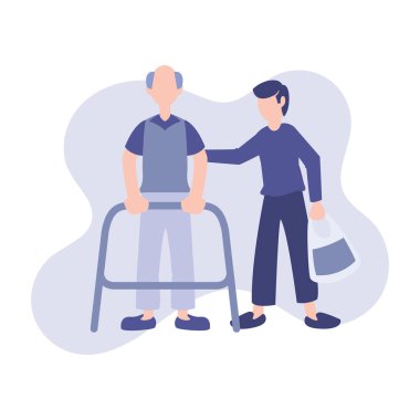 Sabit maluliyet elemanı. Sabit maluliyet elemanı. Adam engelli adama düz stil ile yardım ediyor. İnsanlar engelli bir adama düz stil için yardım ediyor. Beyaz arkaplanda izole edilmiş insanların düz ögesi.