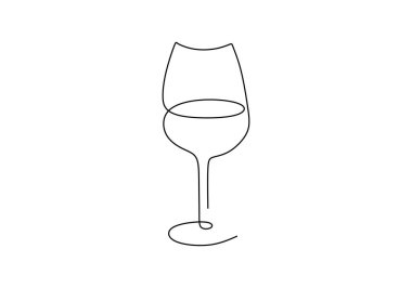 Bir bardak şarabın kesintisiz çizimi. Şampanya ve bardaktan şarap içmek. Kutlama partisi konsepti beyaz arka planda izole edildi. Minimalist stil sanat. Vektör illüstrasyonu