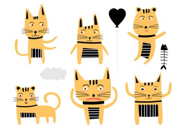 Beyaz arka planda komik, yaratıcı kedisi ve balığı olan kusursuz çocuksu bir model. Çocuk kıyafetleri, kumaş, tekstil, çocuk odası dekorasyonu, ambalaj kağıdı için mükemmel. Vektör tasarımı illüstrasyonu.