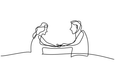 Genç mutlu erkek ve kadın çiftin romantik randevularını ve yemeklerini sürekli çiziyorlar. Tatlı balayı konsepti. Bir elin çizdiği siluet çift. Vektör illüstrasyonu