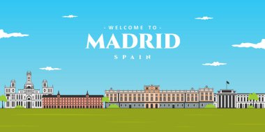 Madrid 'in güzel hava manzaralı manzarası. Dünyaca ünlü kent simgesi Prado Ulusal Müzesi, Plaza Belediye Başkanı, Royal Palace ve Plaza de Cibeles 'dir. Gitmen gereken en iyi yer.