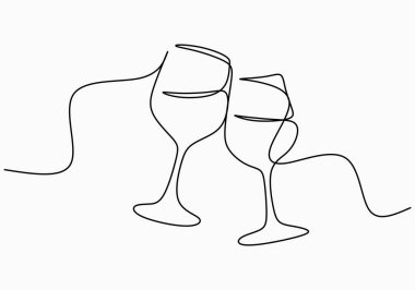 Continuous one line drawing of cheers two glasses for party celebration. Festive toast concept isolated on white background. Minimalist line art of cheering glasses of wine. Vector illustration clipart