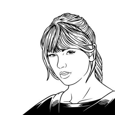 Taylor Swift, şarkıcı, şarkı yazarı, ünlü bir müzisyen. Çok yetenekli ve ilham verici genç bir bayan şarkıcı. Siyah ve beyaz renkli sanat vektörü tasarımı çizimi. 25 Eylül 2020