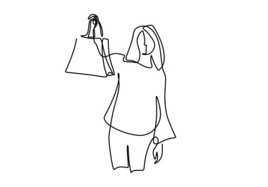 Yeni çantalı ve saplı mutlu kadınların durmaksızın çizdiği çizgiler. Yeni yıl indirimindeki moda kızları beyaz arka planda izole edilmiş. Karakterli kadın alışverişçisi. Vektör illüstrasyonu