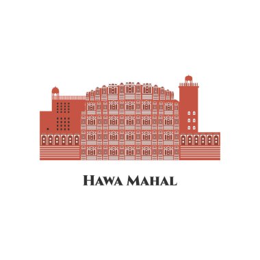 Hawa Mahal. Jaipur Hindistan hattı beyaz arka planda ufuk çizgisi. Turist ziyareti için harika bir yer. Modern binalarla iş seyahati ve turizm kavramı. Vektör düz çizgi film illüstrasyonu