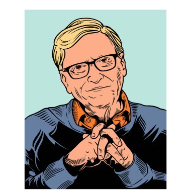 Bill Gates, Amerikalı bir iş adamı, yazılım geliştiricisi ve hayırsever. Renkli sanatta izole edilmiş editör portresi. Microsoft Şirketi 'nin kurucularından biri. 28 Eylül 2020