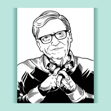 Bill Gates, Amerikalı bir iş adamı, yazılım geliştiricisi ve hayırsever. Beyaz ve siyah renkli editoryal sanat vektör portresi. Microsoft Şirketi 'nin kurucularından biri. 25 Eylül 2020