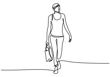 Elinde alışveriş torbalarıyla beyaz arka planda izole bir kadın çiziyor. Alışveriş merkezinde gezen şık bir kız tasarım minimalist konsepti çizmiş. Vektör illüstrasyonu