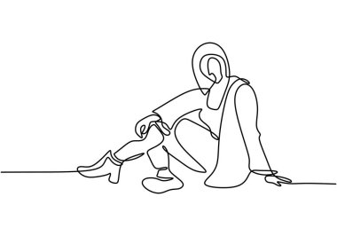 Kafasında atkı olan, hırka takan mutlu bir müslüman kız çizimi. Güzel Asyalı kadınlar moda tesettüre giriyor. Hırkalı karakter bir kadın. Minimalizm tarzı