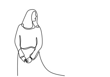 Elini tutan kadınsı bir kadının durmaksızın çizdiği çizgi. Genç güzel bir kız hırka giyerek samimi poz veriyor. Moda minimalizminde izole edilmiş kadın sanat tasarımı. Vektör illüstrasyonu