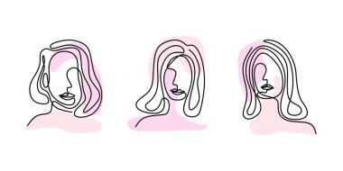 Asgari kadının olduğu soyut poster tek çizgi çizim tarzıyla karşılaşıyor. Modern kadın moda konsept portresi minimalist stil. Güzellik salonu logosu beyaz arka planda izole edilmiş. Moda baskısı