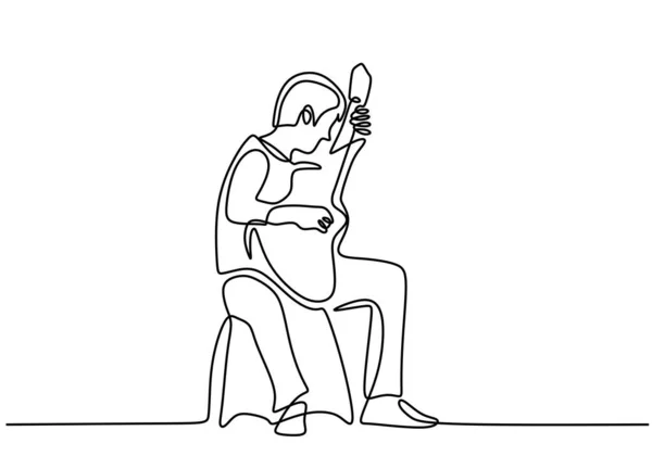 Dibujo Una Sola Línea Joven Feliz Tocando Guitarra Fogata Hombre — Vector de stock