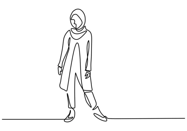 Gaya Fashionable Muslim Gadis Terus Menerus Satu Garis Gambar Wanita - Stok Vektor