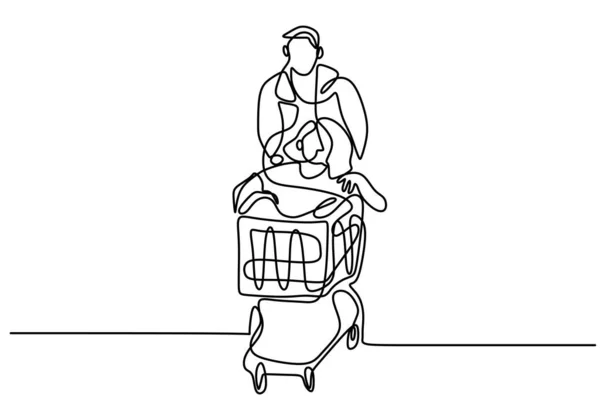 Jeden Rysunek Szczęśliwego Mężczyzny Pchającego Wózek Supermarkecie Młody Mężczyzna Kobieta — Wektor stockowy