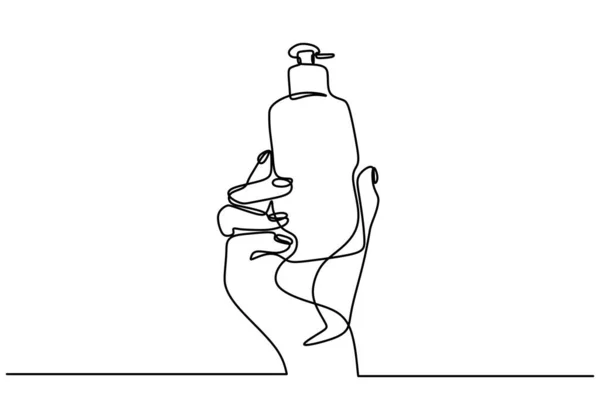 Desenho Contínuo Uma Linha Garrafa Mão Segurando Com Sabão Líquido — Vetor de Stock
