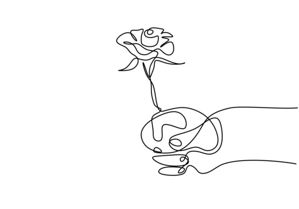 Συνεχής Γραμμή Σχέδιο Ενός Χεριού Κρατώντας Τριαντάφυλλο Λουλούδι Γυναίκα Του — Διανυσματικό Αρχείο