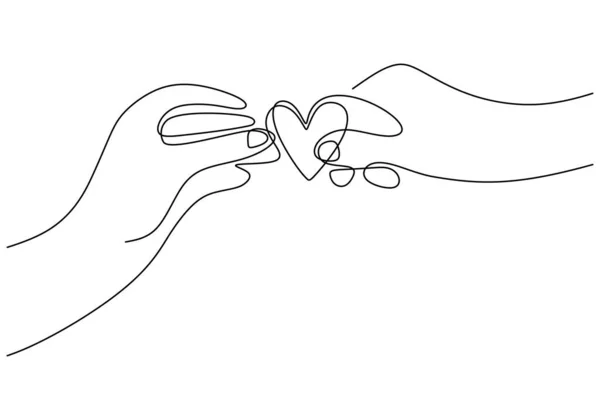 Continuous One Line Drawing Hands Holding Heart Person Hand Receives — Stock Vector