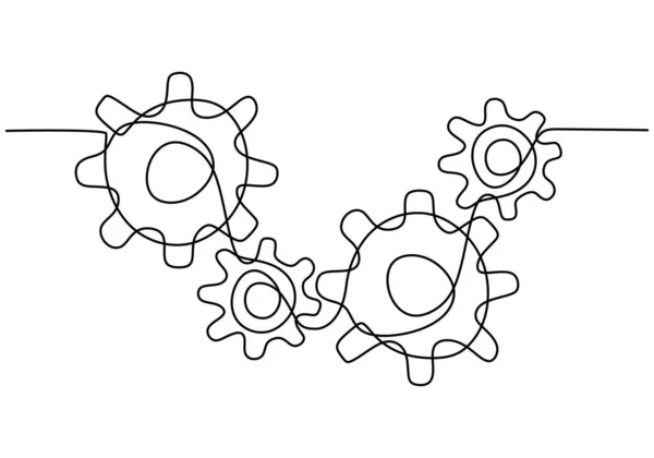 One Continuous Line Moving Gears Wheels Three Cogwheels Connected Symbol — Stock Vector