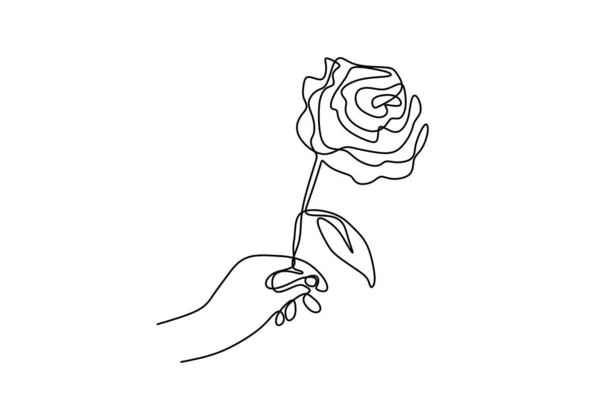 手持ちのバラの花の連続線画 白い背景に孤立した花を持つ手の女性 誰かのために愛の兆候を与える ミニマリズムスタイル ベクトルスケッチイラスト — ストックベクタ