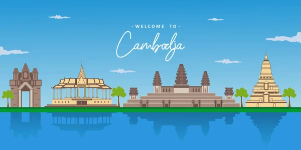 Hermosa Vista Del Paisaje Camboya Con Hito Fama Mundial Angkor — Vector de stock