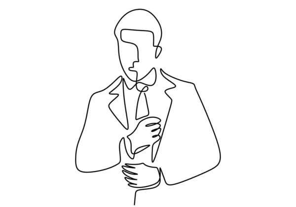 连续线条艺术穿西装的男人 一个穿着男式夹克的英俊商人看上去很优雅 年轻男性 有逐渐发展的领带 手绘艺术线 白色背景下的涂鸦 — 图库矢量图片