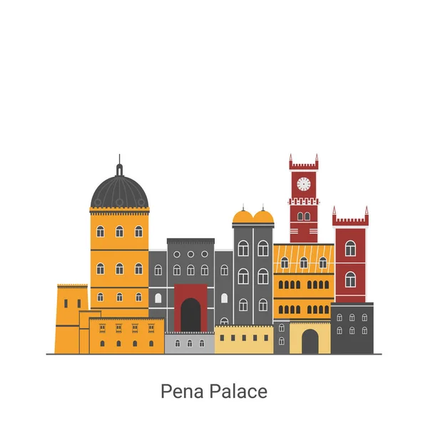 葡萄牙里斯本辛特拉的佩纳宫 Palacio Nacional Pena 世界著名的具有白色背景的地标 去西班牙旅行 旅游目的地 矢量平面插图 — 图库矢量图片
