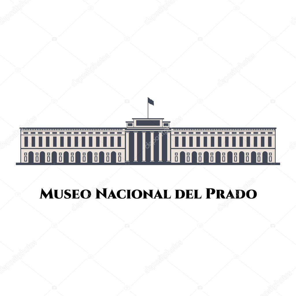National Museum of the Prado in City of Madrid, Spain flat vector design. Historical famous landmark for tourist tour of the visit. Located in central Madrid. Business travel and guide concept