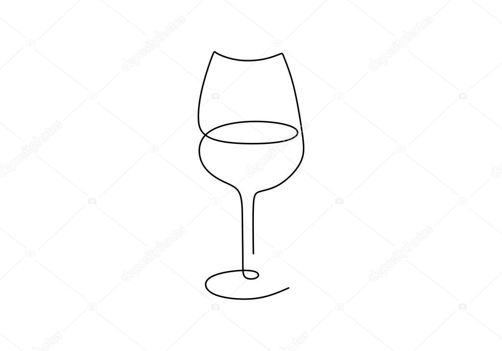 Continuous one line drawing of a glass of wine. Champagne and drinking wine from a glass. Celebration party concept isolated on white background. Minimalist stylish art. Vector illustration