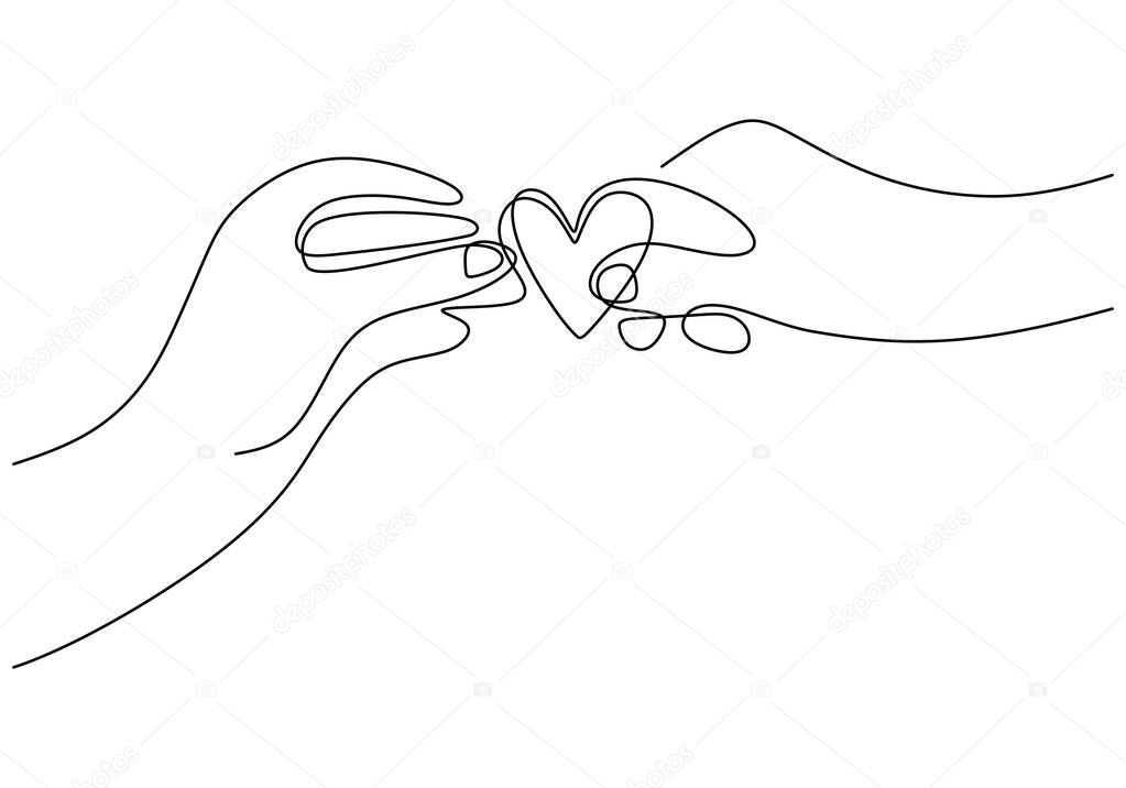 Continuous one line drawing of hands holding heart. Person's hand receives a symbol of love from someone else's hand isolated on white background. Love story theme. Vector design illustration