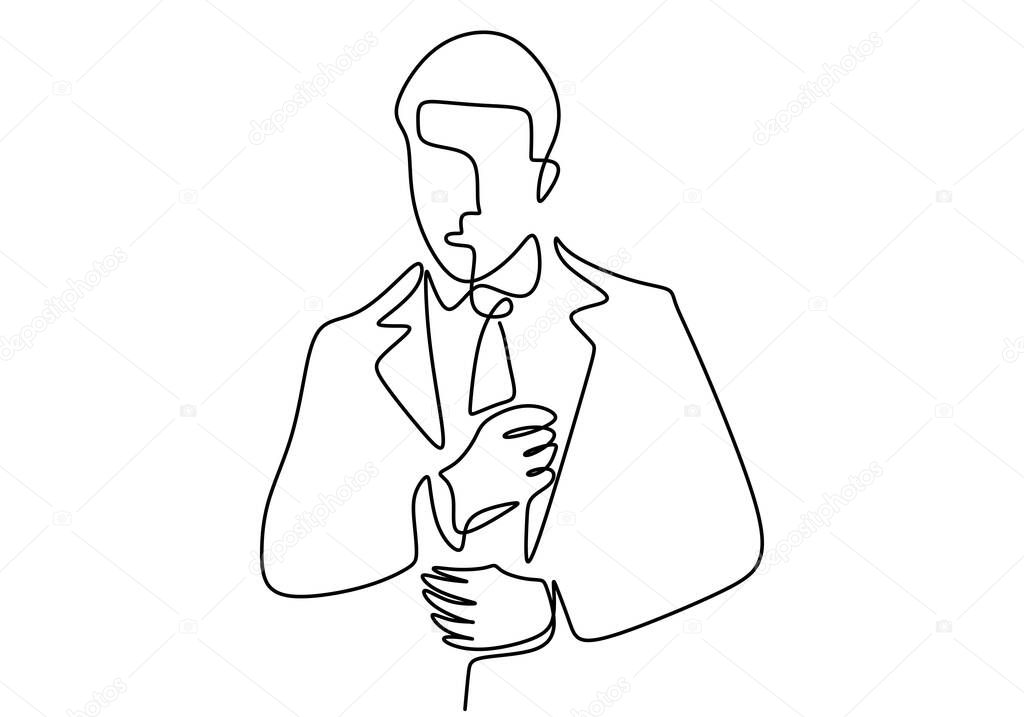 Continuous line art a man wearing suit. A handsome businessman with men's jacket look so elegant. Young male in suit with developing tie hand drawn art line doodle isolated on white background